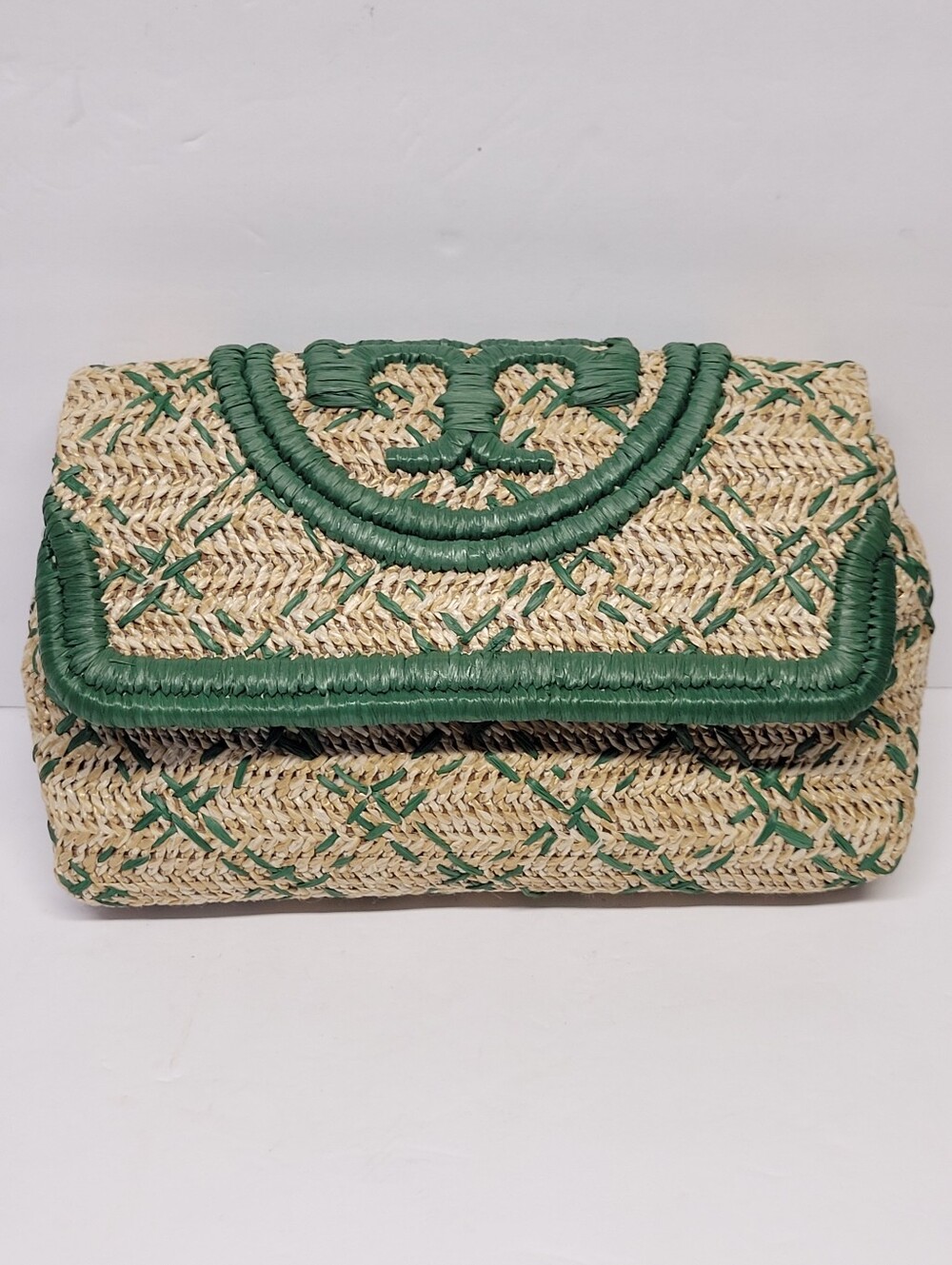 Tory Burch Fleming Green Trim Woven Soft Straw Clutch